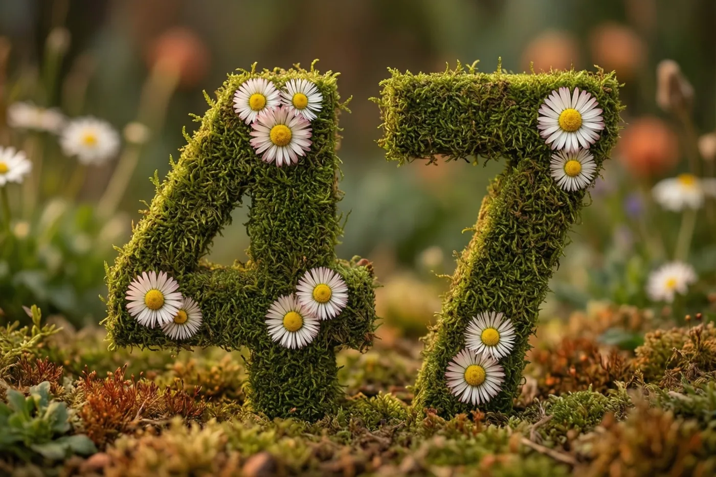 Een mossige groene haag vormt het getal 47 met witte madeliefjes in een landelijke tuin, met onscherp gebladerte op de achtergrond.