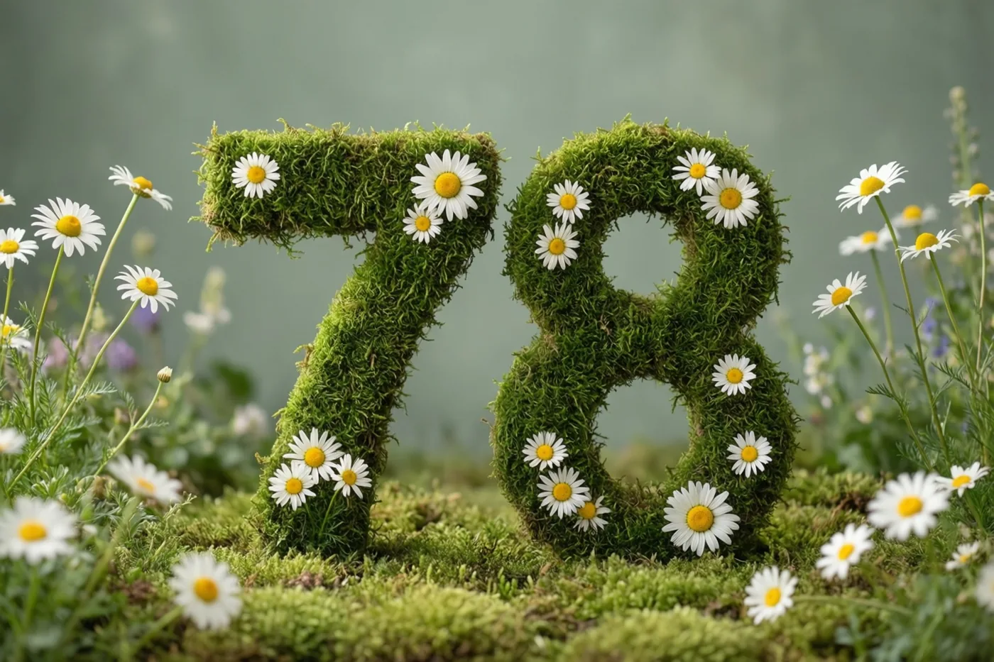 Een mosgroene haag in de vorm van 78 is versierd met witte madeliefjes met gele hartjes in een landelijke tuin.