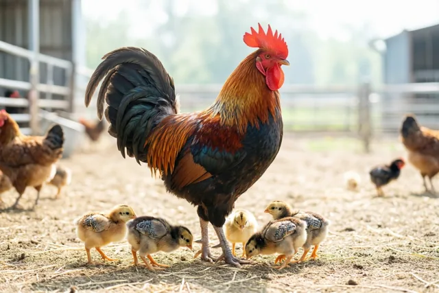 Een haan met een rode kam en glanzende veren staat op een zonnig erf, met donzige kuikens die bij zijn poten in de droge aarde pikken en onscherpe schuren op de achtergrond.