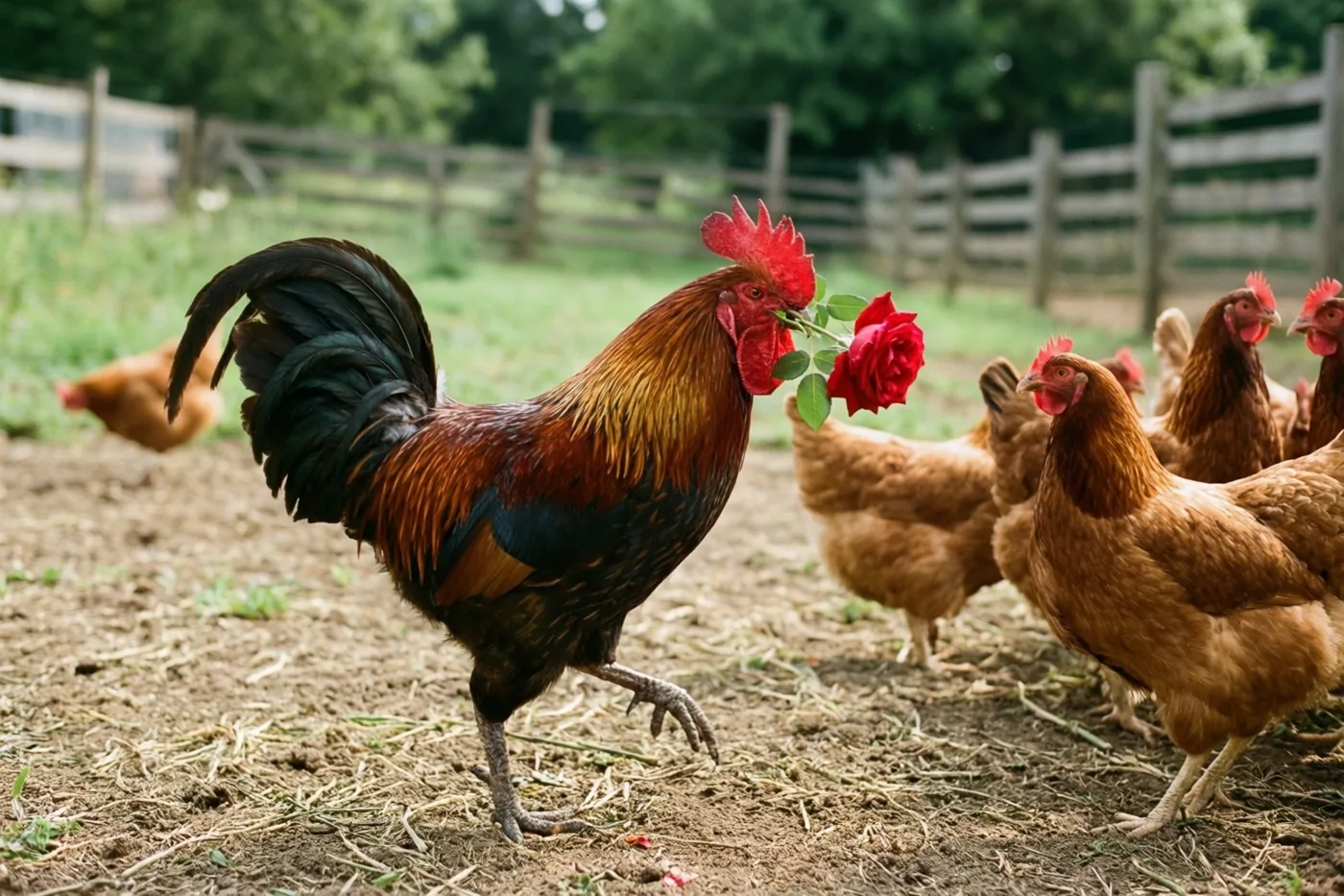 Een haan met een rode roos in zijn snavel stapt over een erf van aarde naar een groep kippen, met groen gras en een houten omheining op de achtergrond.
