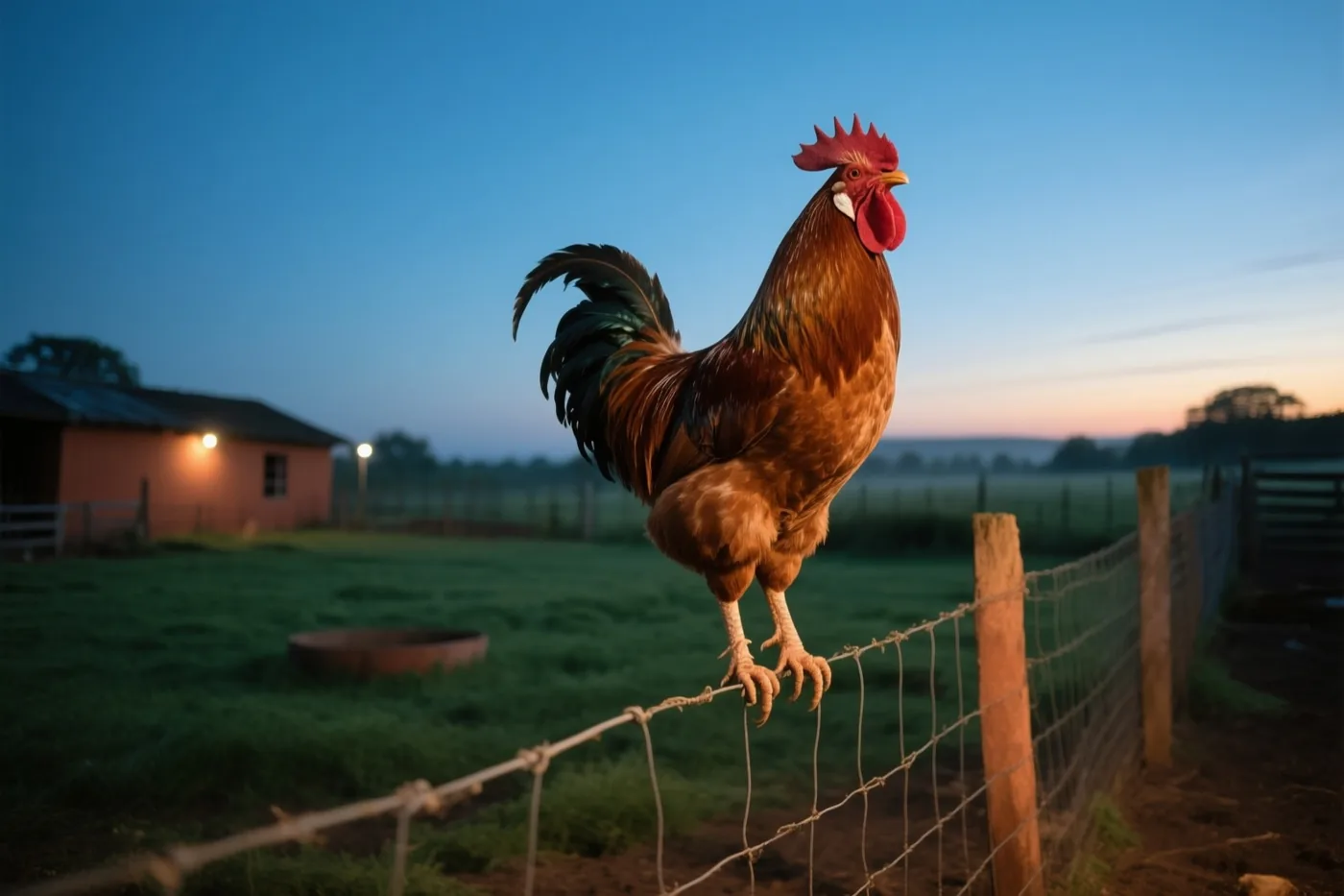 Een haan staat alert op een draadhek op een boerenerf bij het ochtendgloren, in zachte blauwe en oranje tinten.