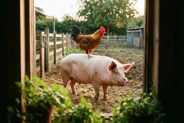 Een haan staat op een roze varken op een boerenerf in warm goudkleurig licht, gezien door een houten omlijsting met groen op de voorgrond.