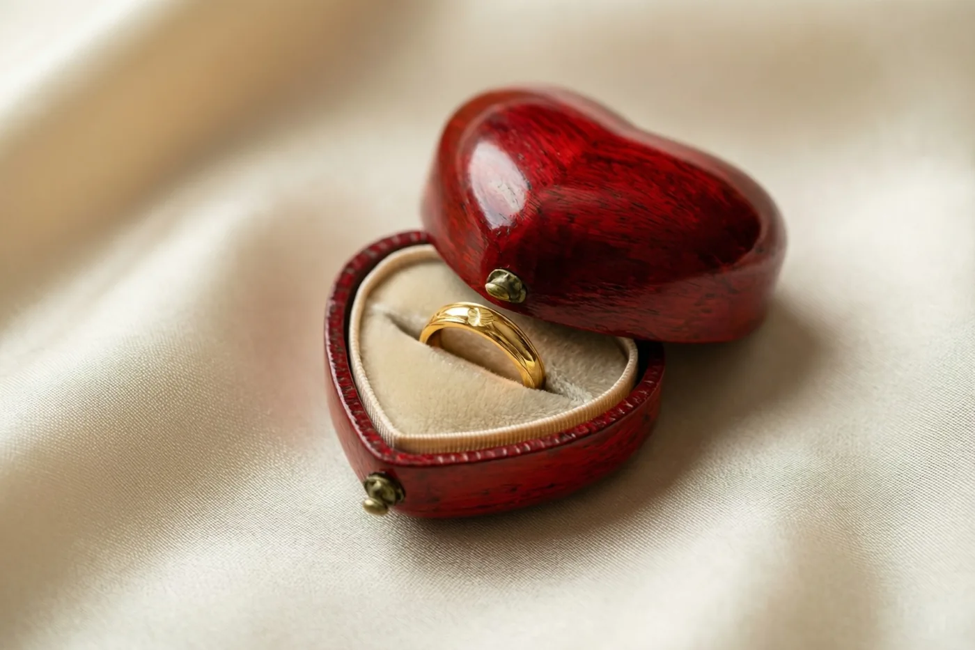 Een halfopen roodgelakt juwelendoosje in hartvorm ligt op crèmekleurige zijde, met een gouden ring zichtbaar binnenin.