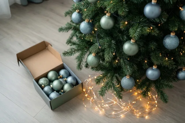 Een halfversierde kerstboom met groene en blauwe ballen en een lichtsnoer staat naast een open doos kerstversiering op een lichte houten vloer.