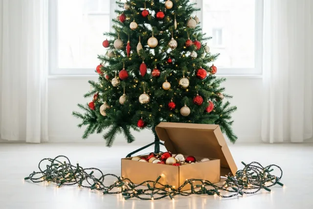 Een halfversierde kerstboom staat in een lichte kamer bij een raam, met een open kartonnen doos kerstversiering aan de voet en een verward lichtsnoer op de vloer.