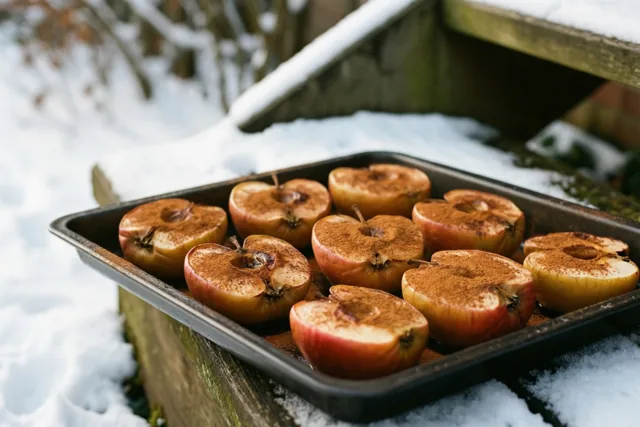 Een metalen bakplaat met halve appels bestrooid met kaneel staat buiten op een besneeuwde houten trede tussen houten constructies.