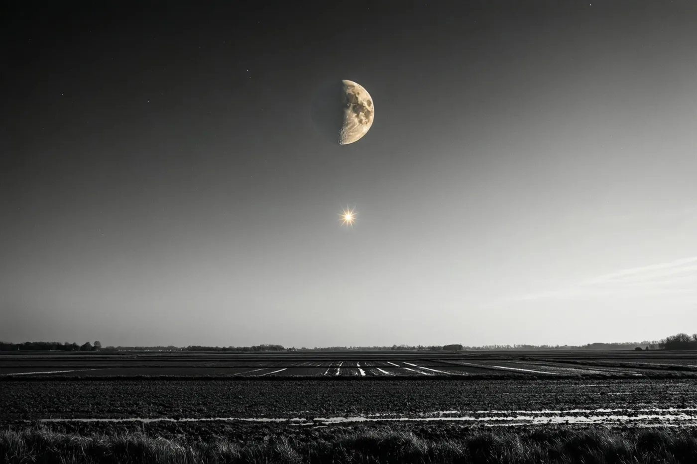 Een zwart-witfoto toont een halfverlichte maan en een heldere ster boven een vlak polderlandschap met akkers.