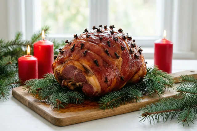 Een geglaceerde ham met kruidnagels ligt op een houten snijplank tussen dennentakjes en drie brandende rode kaarsen op een witte ondergrond, met een raam op de achtergrond.