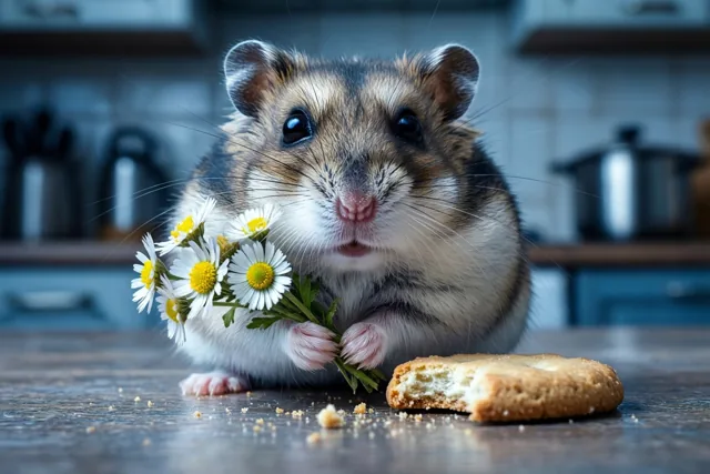 Een hamster met een boeketje madeliefjes zit op een zacht verlichte houten keukentafel naast een deels opgegeten koekje.
