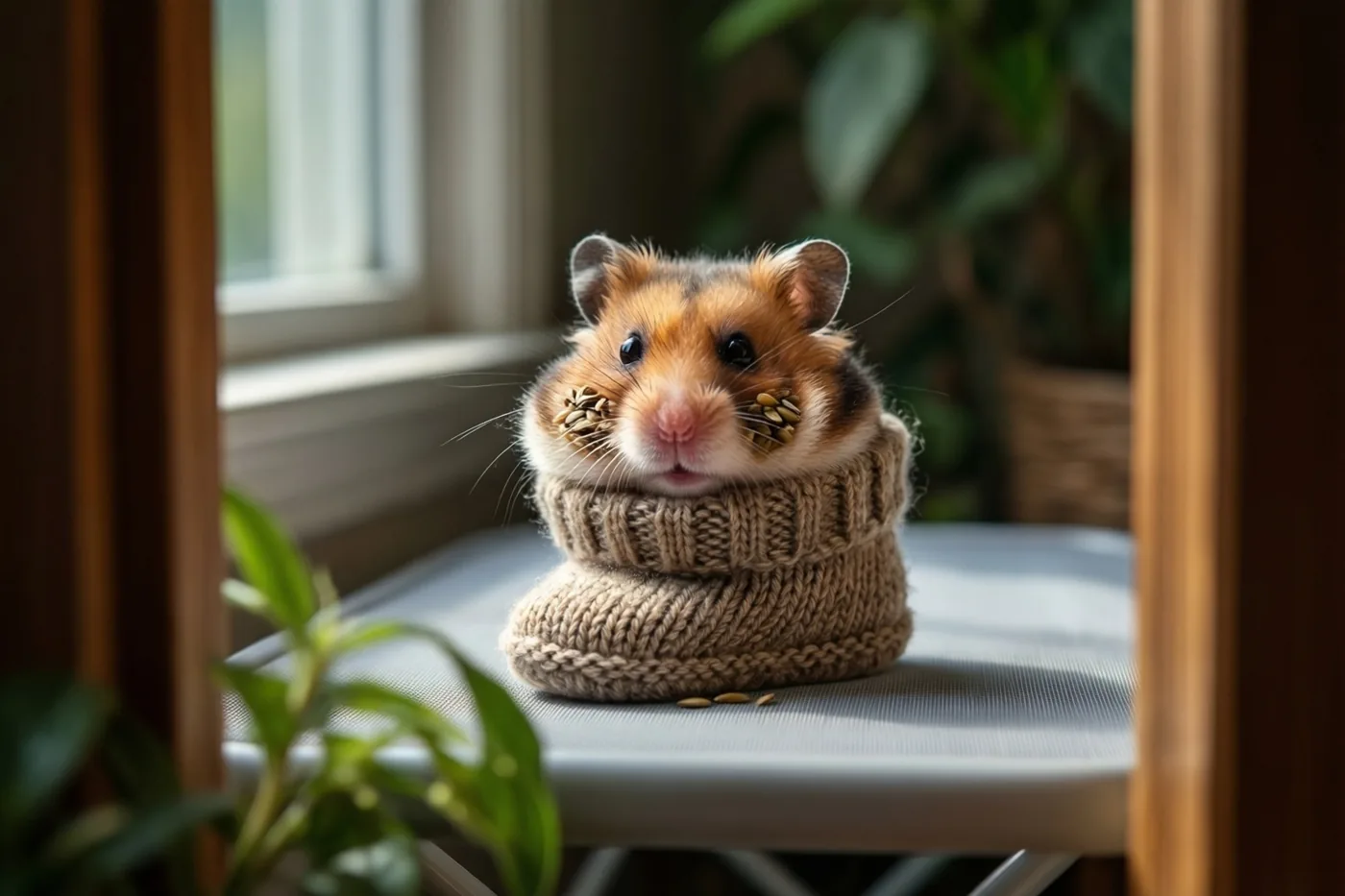 Een hamster met wangen vol zaadjes piept uit een gebreid babyslofje op een verzorgingstafel, omringd door zachte bruintinten, wit en groene planten.