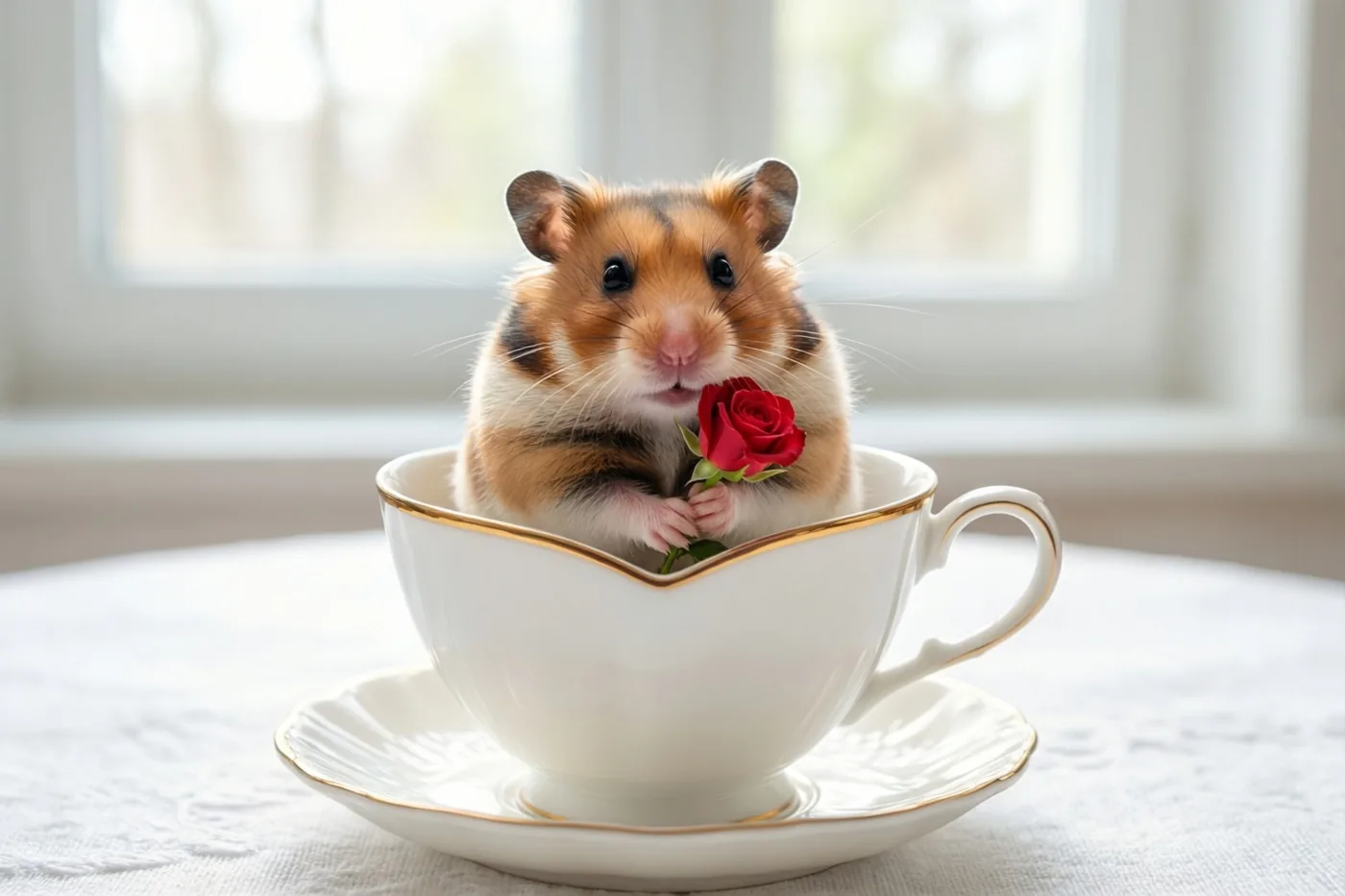 Een kleine hamster zit rechtop in een wit theekopje met gouden rand en houdt een rode roos vast, op een witte ondergrond met textuur voor een licht raam.