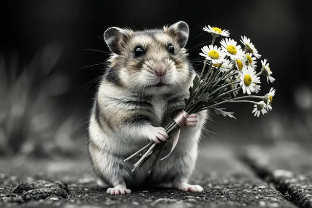 Een kleine hamster staat rechtop op een ondergrond met structuur en houdt een boeketje madeliefjes met een lint vast voor een donkere, wazige achtergrond.
