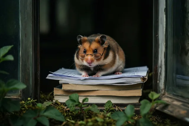 Een hamster met een klein brilletje zit op een stapel boeken voor een raam, met groene planten op de voorgrond en een donkere achtergrond.