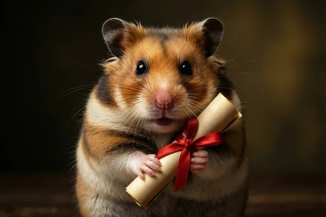 Een hamster met een oranje, witte en zwarte vacht houdt een opgerold goudkleurig diploma met een rood lint vast tegen een donkere, wazige achtergrond.