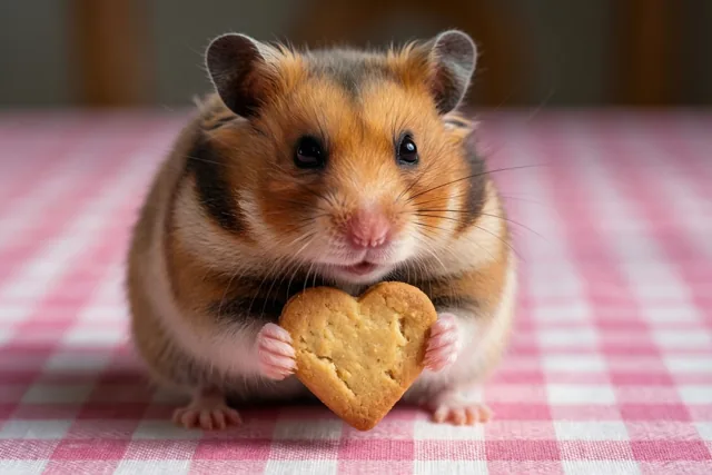 Een kleine hamster met oranje en bruine vacht houdt een hartvormig koekje vast met zijn voorpootjes op een roze-wit geruit tafelkleed.