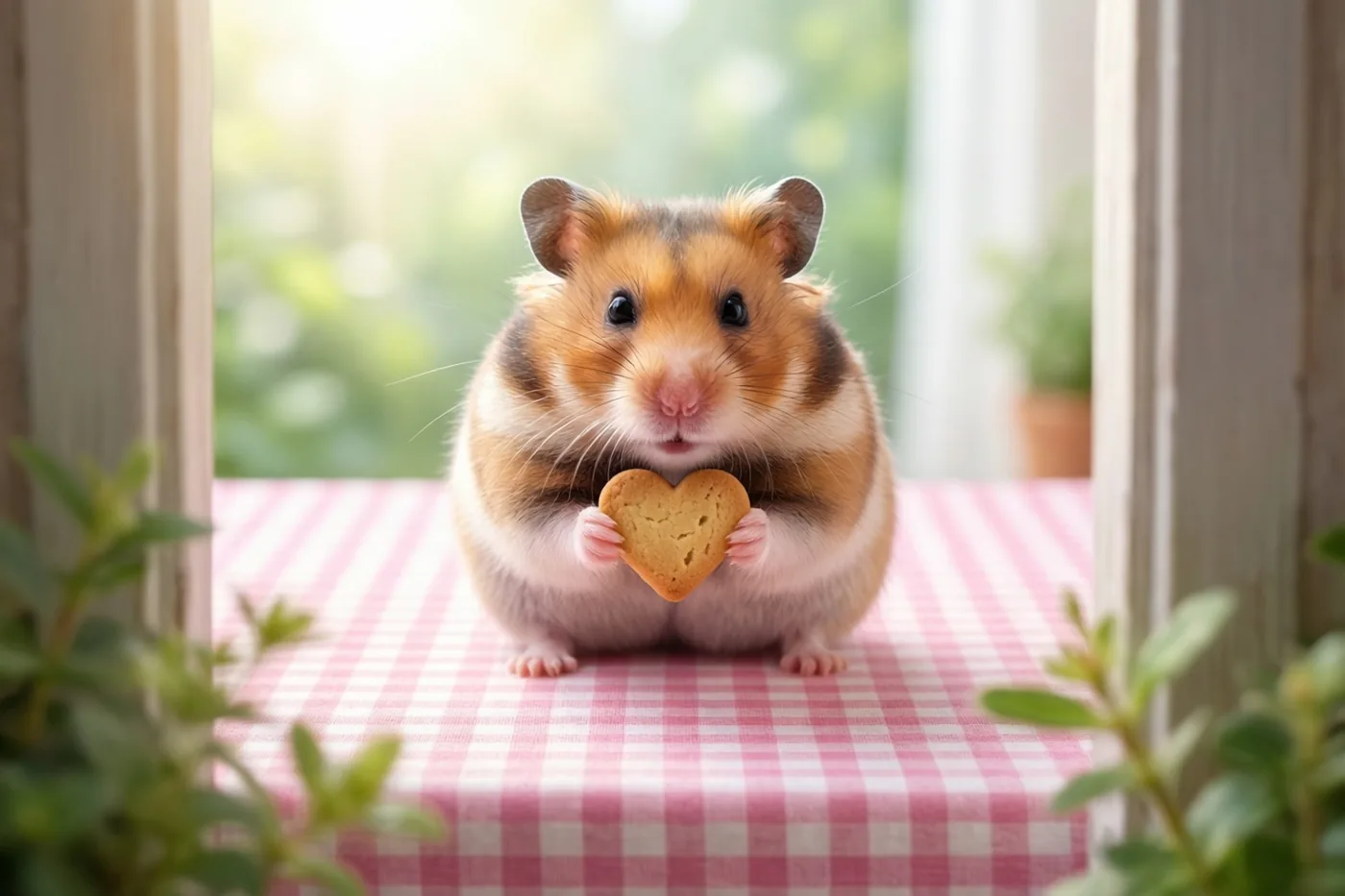 Een kleine bruin-witte hamster zit op een roze-wit geruit tafelkleed bij een raam en houdt met beide pootjes een hartvormig koekje vast, met wazig groen op de achtergrond.