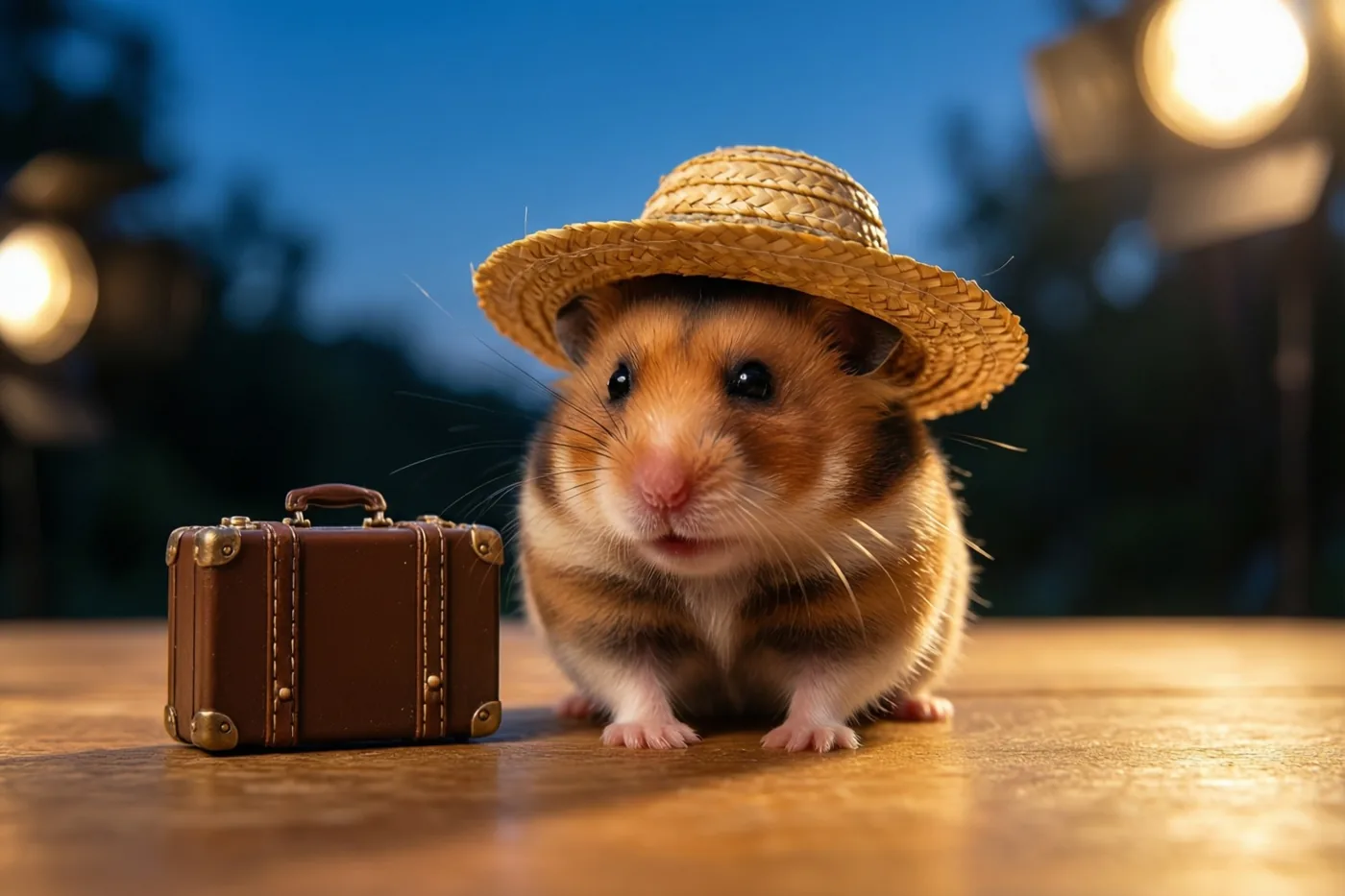 Een hamster met een strohoed zit naast een miniatuurkoffertje op een warm verlichte houten tafel, met een schemerhemel en onscherpe lichtjes op de achtergrond.