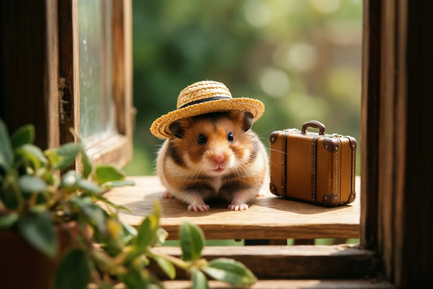 Een kleine hamster met een strohoed zit op een houten vensterbank naast een bruin miniatuurkoffertje, met groen op de voorgrond en een onscherpe tuin erachter in warm zonlicht.