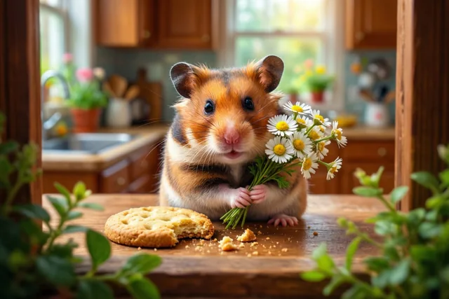 Een hamster zit met een boeketje madeliefjes op een houten keukentafel naast een deels opgegeten koekje, in een warm verlichte keuken met houten kasten en groen.