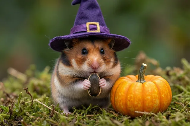 Een kleine hamster met een paarse heksenhoed houdt een pompoenpit vast naast een oranje minipompoen op een met mos bedekte ondergrond.