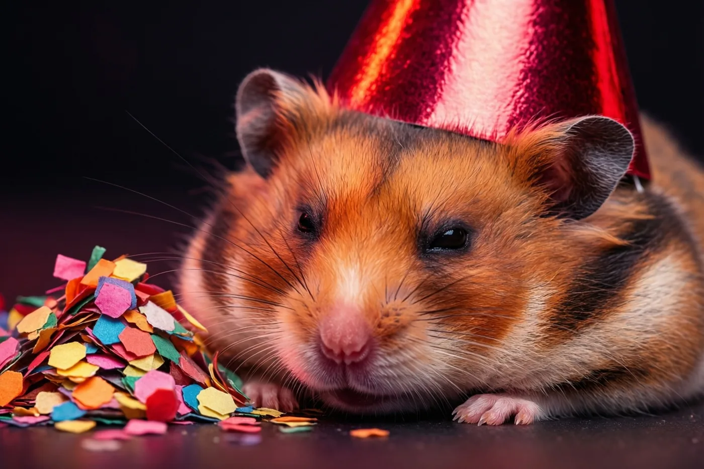 Een hamster met een rood feesthoedje ligt met zijn kopje bij een hoop kleurrijke confetti op een donkere ondergrond, van dichtbij gefotografeerd in warm licht.