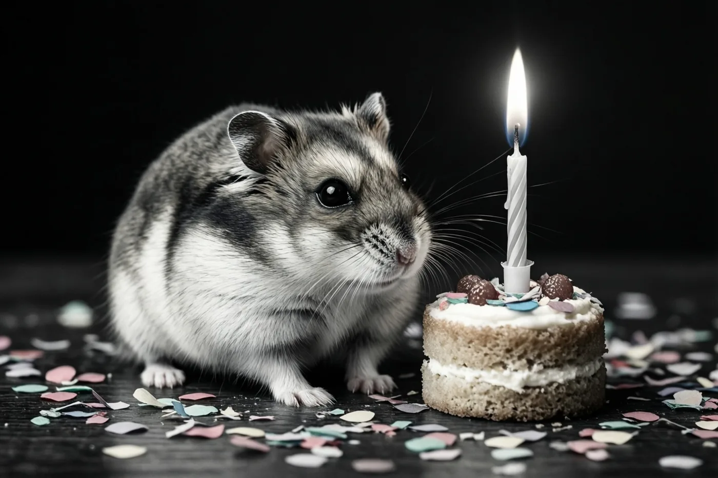 Een kleine grijs-witte hamster zit naast een minitaart met twee lagen en één brandend kaarsje, met kleurrijke confetti tegen een donkere achtergrond.