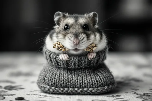 Een hamster met zaadjes in zijn wangen kijkt uit een klein gebreid babyslofje op een ondergrond met een patroon, met een donkere wazige achtergrond.