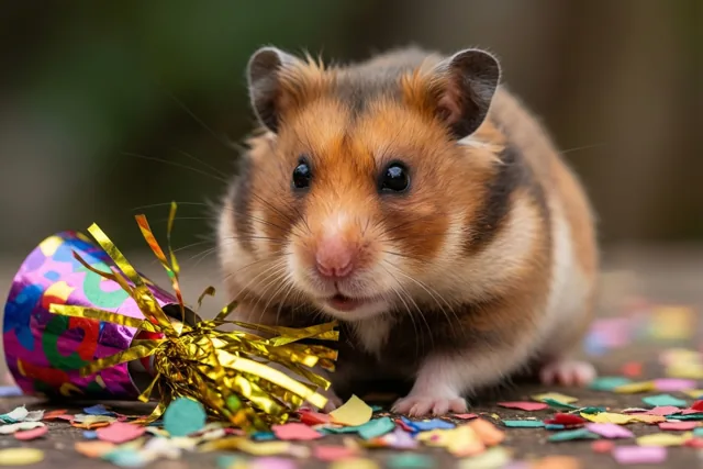 Een kleine pluizige bruin-witte hamster zit naast een opengeknalde paarse en gouden confettiknaller, met kleurrijke confetti op de ondergrond en een onscherpe achtergrond.