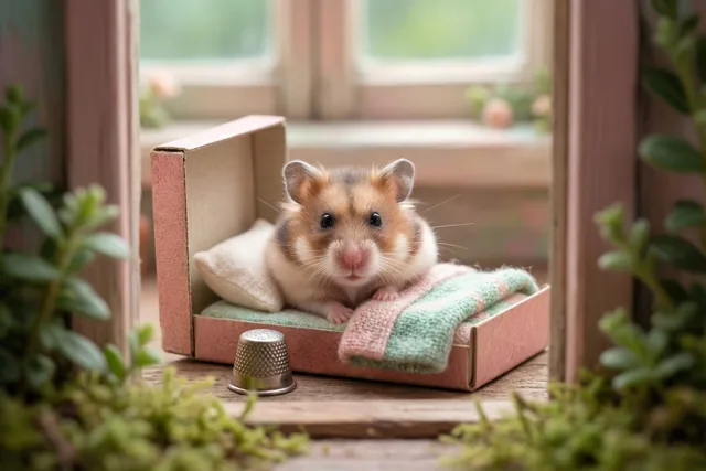 Een kleine hamster ligt in een roze luciferdoosje met een groen-roze gebreid dekentje op een houten oppervlak, met een zilverkleurige vingerhoed ernaast en groen gebladerte en een raam op de achtergrond.