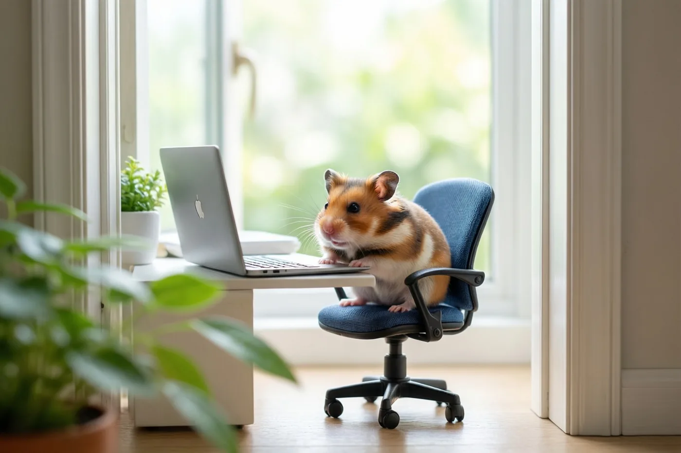 Een kleine hamster zit rechtop op een blauwe bureaustoel naast een open laptop op een wit bureau, bij een helder raam en groene planten.