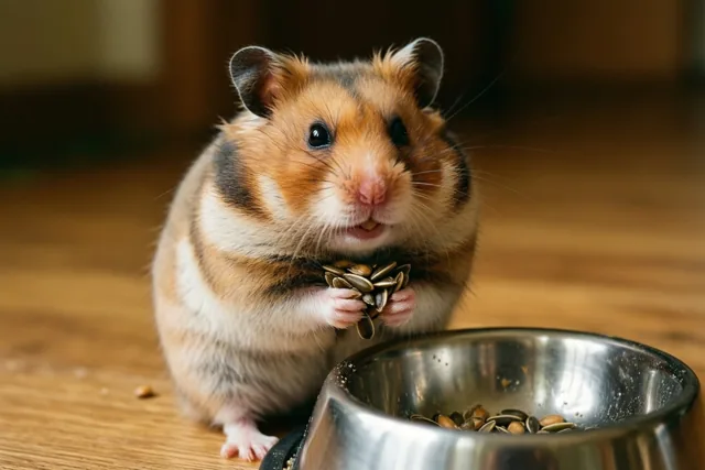 Een hamster met wangen vol zonnebloempitten zit op een houten vloer naast een metalen voerbakje in warm licht.