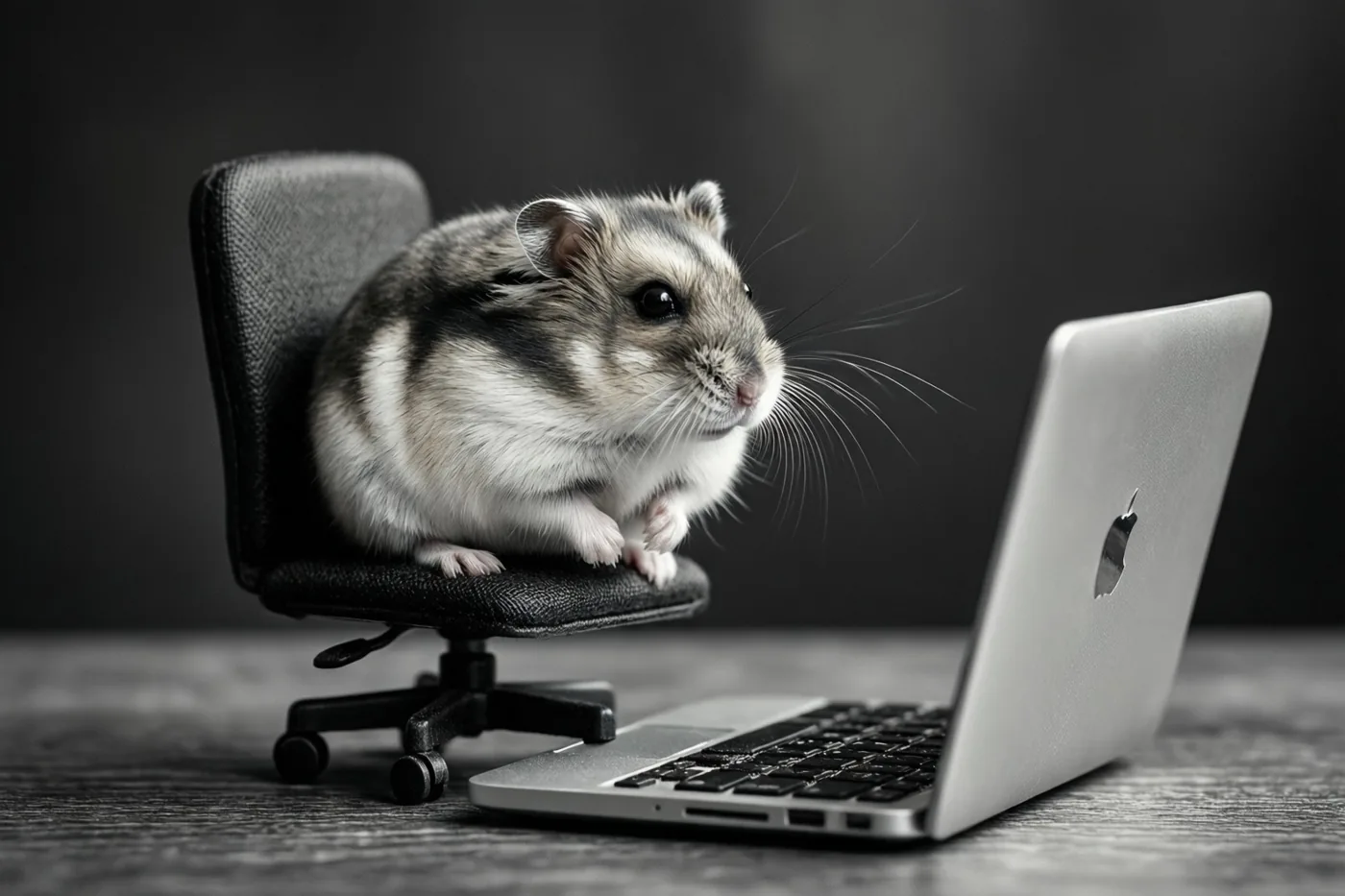 Een hamster zit op een miniatuurbureaustoel naast een open laptop op een donker houten bureau in een monochroom beeld.