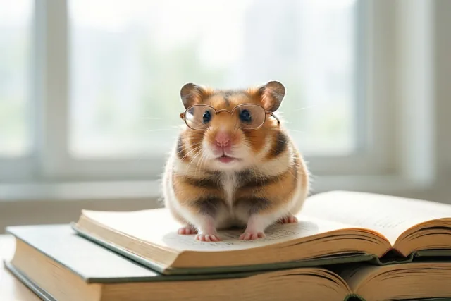 Een kleine hamster met een brilletje zit rechtop op een stapel open boeken bij een helder raam in zacht daglicht.