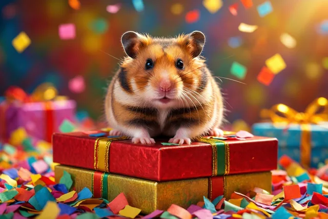 Een kleine bruin-witte hamster zit boven op een stapel rode en gouden geschenkdozen, omringd door kleurrijke confetti en onscherpe feestlichtjes.