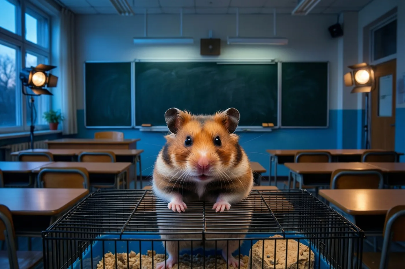 Een hamster staat op de tralies van zijn kooi en kijkt naar de camera in een leeg klaslokaal met blauwe muren, houten schoolbanken en een groot schoolbord.