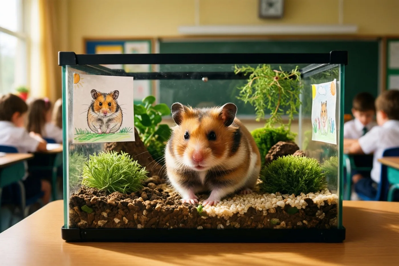 Een hamster zit in een glazen terrarium op een schoolbank, met kunstplanten rondom en leerlingentekeningen aan het glas.