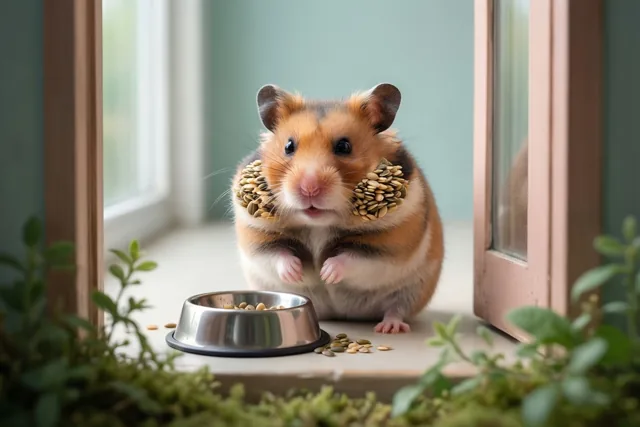 Een hamster met wangen vol zaadjes zit op een vensterbank naast een metalen voerbakje, met groene planten op de voorgrond.