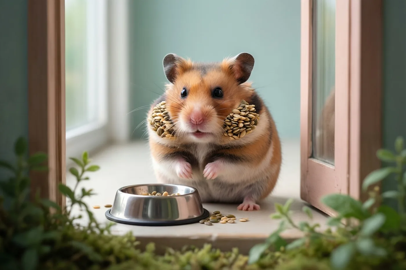 Een hamster met wangen vol zaadjes zit op een vensterbank naast een metalen voerbakje, met groene planten op de voorgrond.
