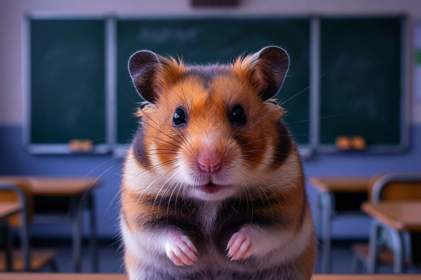 Een hamster met een oranje en witte vacht staat rechtop voor een groen schoolbord in een zacht verlicht klaslokaal.