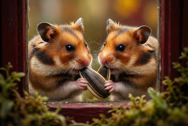 Twee hamsters kijken van achter een rood houten kader en delen één zonnebloempit in een tafereel met warme oranje, bruine en rode tinten.