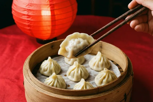 Een hand tilt met eetstokjes een gestoomde dumpling uit een gevuld bamboe stoommandje op een rood tafelkleed, met een rode lantaarn op de achtergrond.