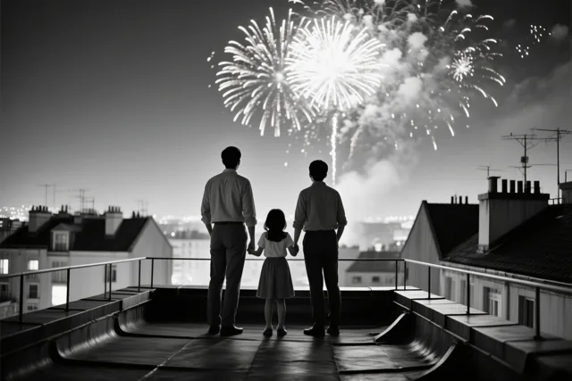 Op een zwart-witfoto staan twee volwassenen en een kind hand in hand op een dak naar vuurwerk in de nachtelijke hemel te kijken.