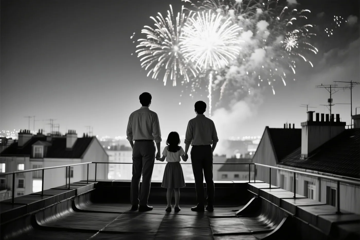 Op een zwart-witfoto staan twee volwassenen en een kind hand in hand op een dak naar vuurwerk in de nachtelijke hemel te kijken.