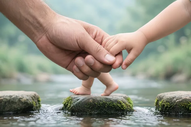 Een volwassen hand en een kinderhand houden elkaar vast terwijl het kind op een bemoste stapsteen in een beek staat, tegen een zacht vervaagde groene en blauwe achtergrond.