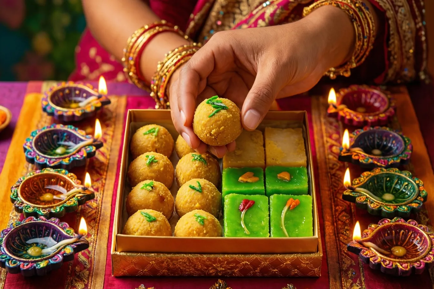 Een hand met gouden armbanden legt een gouden ladoo in een met goud versierde geschenkdoos vol zoetigheden op een tafel naast een rij brandende olielampjes.