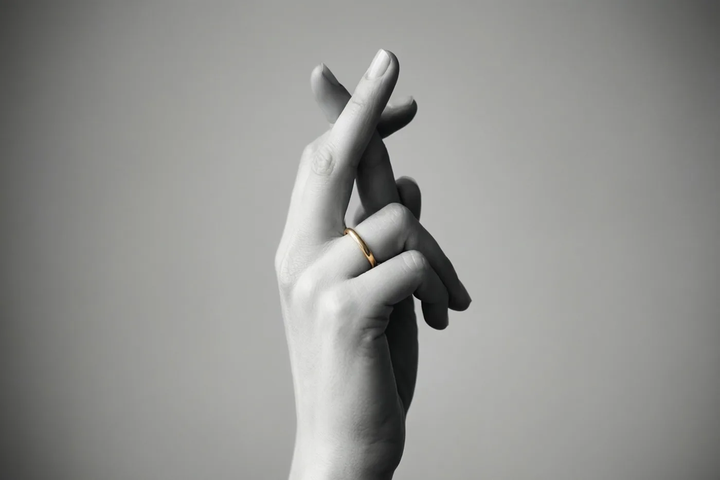 Tegen een zachtgrijze achtergrond maakt een hand met een smalle gouden ring het gebaar van gekruiste vingers.