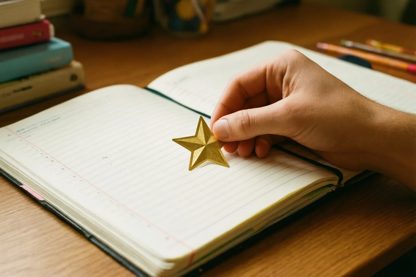 Een hand plakt een gouden ster op een open gelijnd schrift op een houten bureau, met onscherpe boeken en potloden op de achtergrond.
