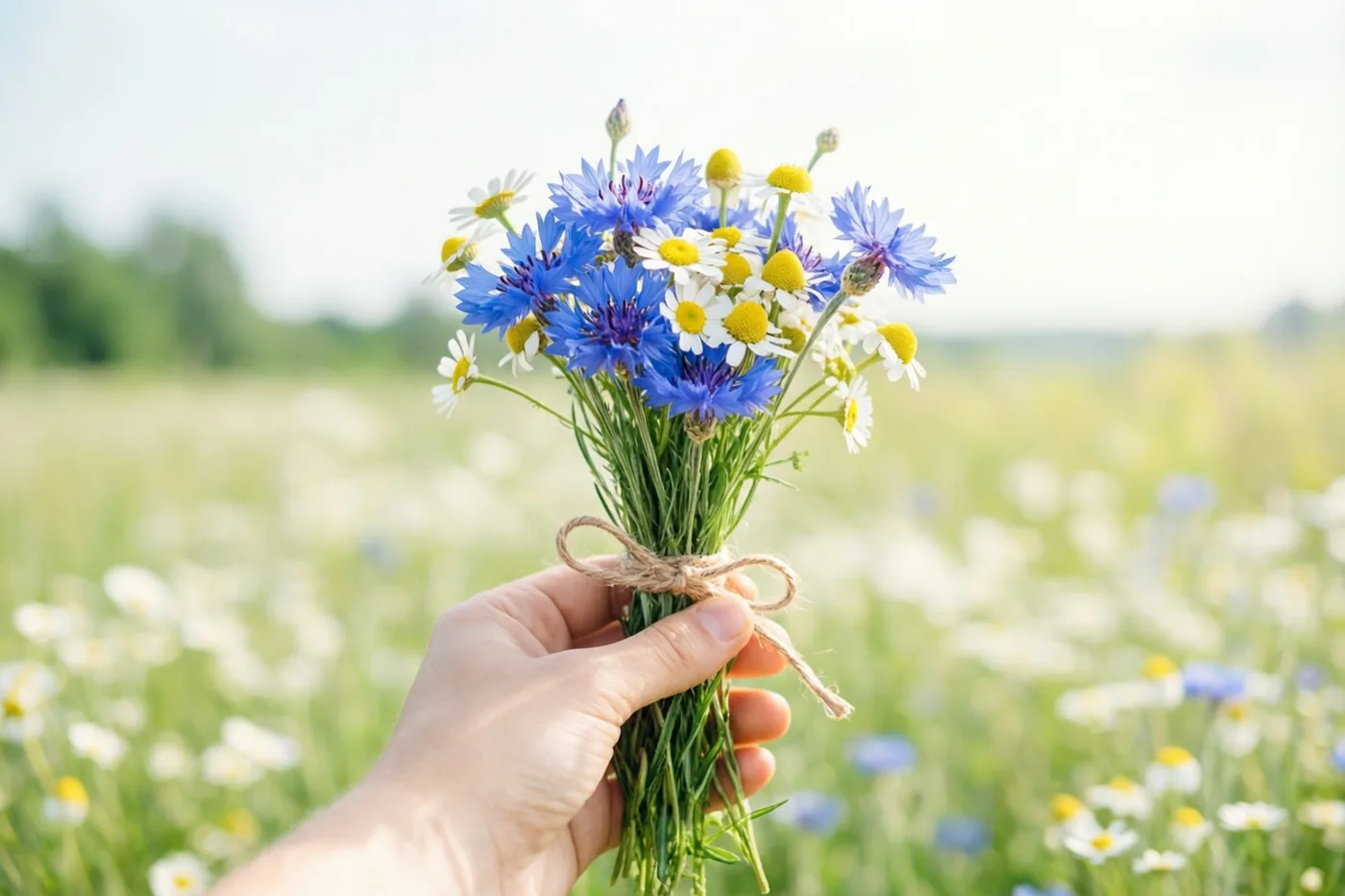 Een hand houdt een klein boeket blauwe korenbloemen en witte madeliefjes vast, samengebonden met touw, tegen een onscherpe weide op de achtergrond.