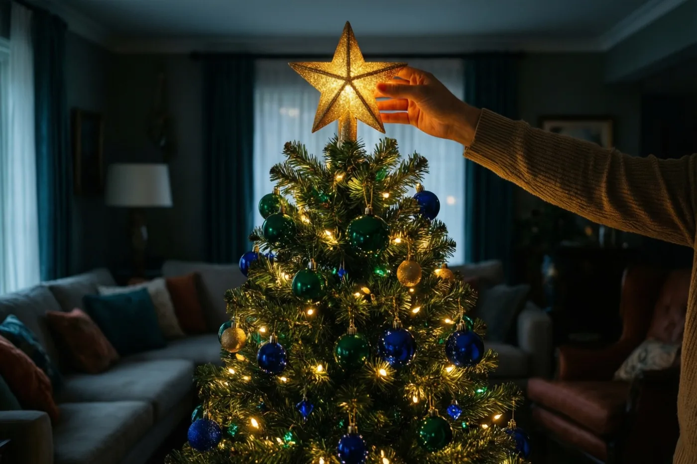 Een hand plaatst een lichtgevende gouden ster boven op een kerstboom met blauwe en gouden versiering en warme gele lichtjes in een schemerige woonkamer.