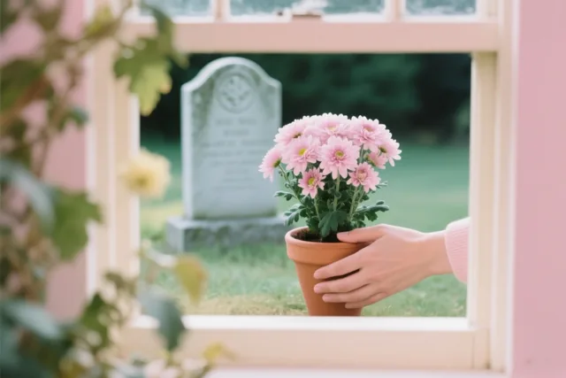 Een hand houdt een pot roze chrysanten klaar om bij een grafsteen te zetten, met de grafsteen zichtbaar door een raamkader in zachte pasteltinten.